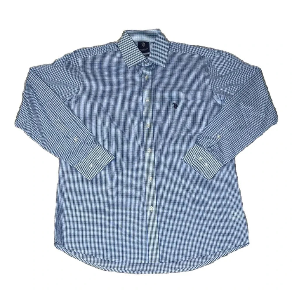 U.S. Polo Assn Checkered Blue Button Up Shirt Medium 15/15 1/2 32/33 Long Sleeve